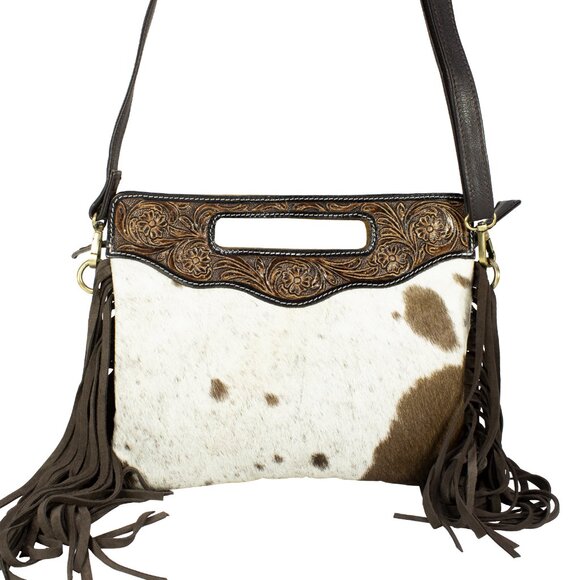 Women Hand Tooled Hair-on Shoulder Fringe Bag with Free Gift Bifold Black Wallet - Picture 4 of 9